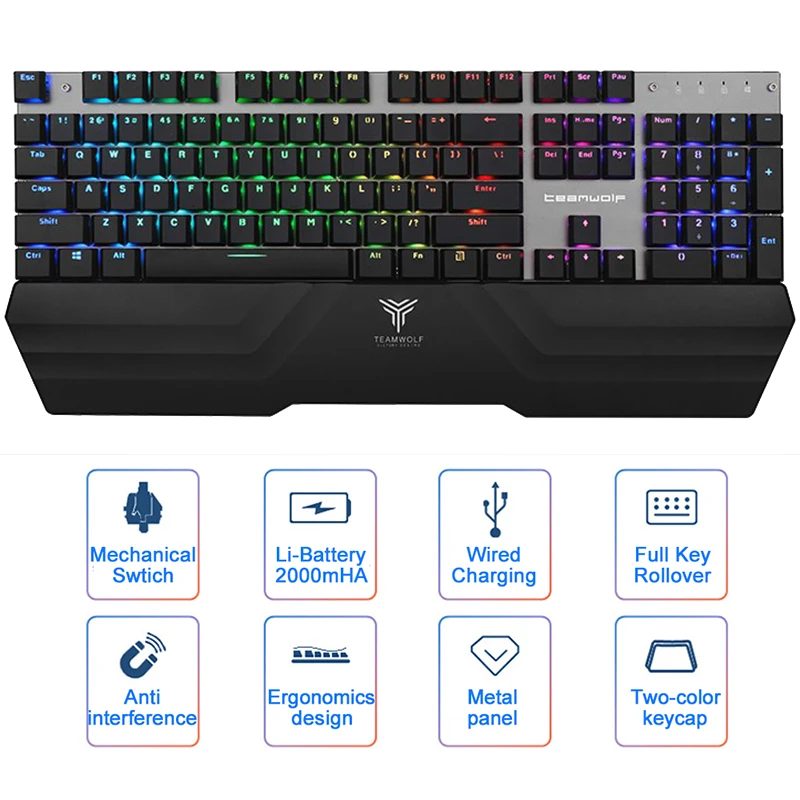Wireless gaming mechanical keyboard LED backlit blue switch rechargeable 2.4GHz Gamer Spanish/Russian sticker for PC TV BOX
Wireless gaming mechanical keyboard LED backlit blue switch rechargeable 2.4GHz Gamer Spanish/Russian sticker for PC TV BOX