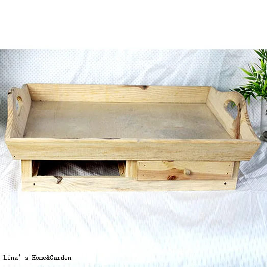 antique vintage solid rectangular wooden tray with 2 drawers (3)