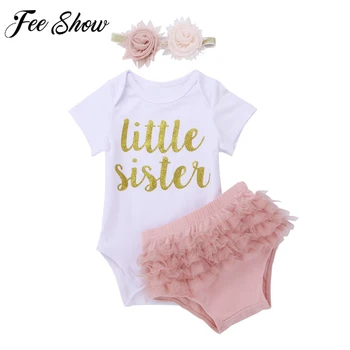 New Little Sister Baby Girls Romper Birthday Party Glittery Letters Printed Romper with Bloomers Headband Infant Clothing set
New Little Sister Baby Girls Romper Birthday Party Glittery Letters Printed Romper with Bloomers Headband Infant Clothing set