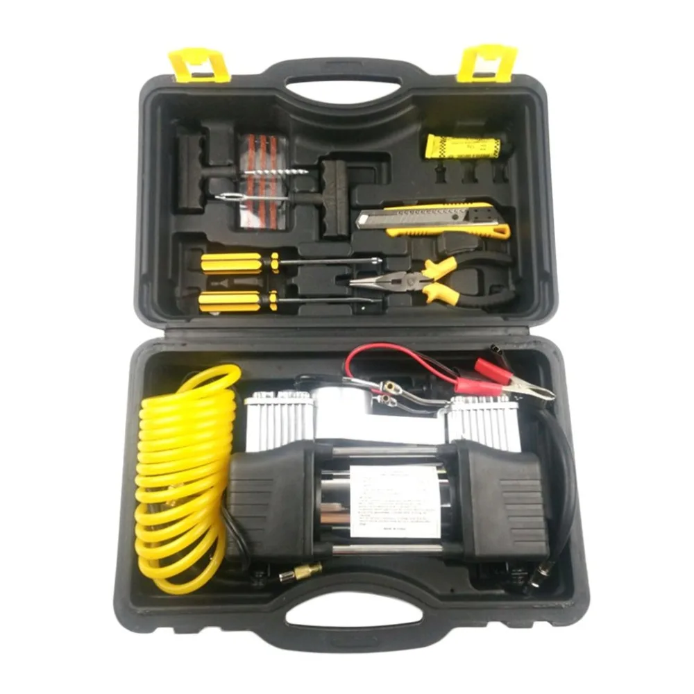 12V Car Tyre Inflator Double Cylinder Air Compressor Metal Tire Inflator High Pressure Air Pump with Tools Suitcase
12V Car Tyre Inflator Double Cylinder Air Compressor Metal Tire Inflator High Pressure Air Pump with Tools Suitcase
