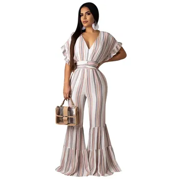 Stripe Print Sexy Bodycon Jumpsuit Women Deep V Neck Short Ruffle Sleeve Flare Pants Casual Backless One Piece Overalls 
Stripe Print Sexy Bodycon Jumpsuit Women Deep V Neck Short Ruffle Sleeve Flare Pants Casual Backless One Piece Overalls