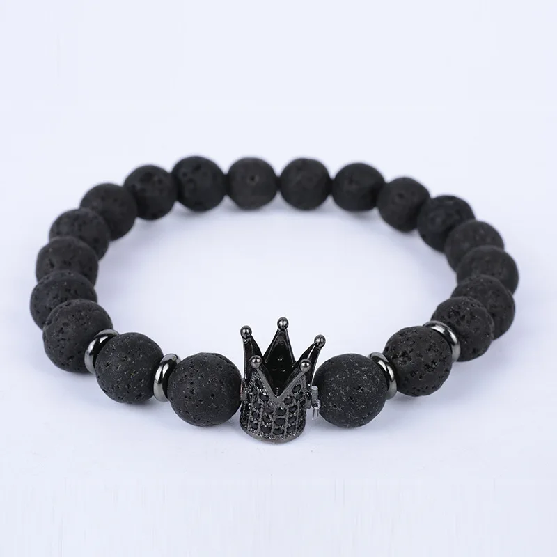 

8mm Black Lava Natural Stone Blacelet Pave CZ Zircon Crown Charm Bracelet For Men Or Women Bracelet Trendy Jewelry Gift