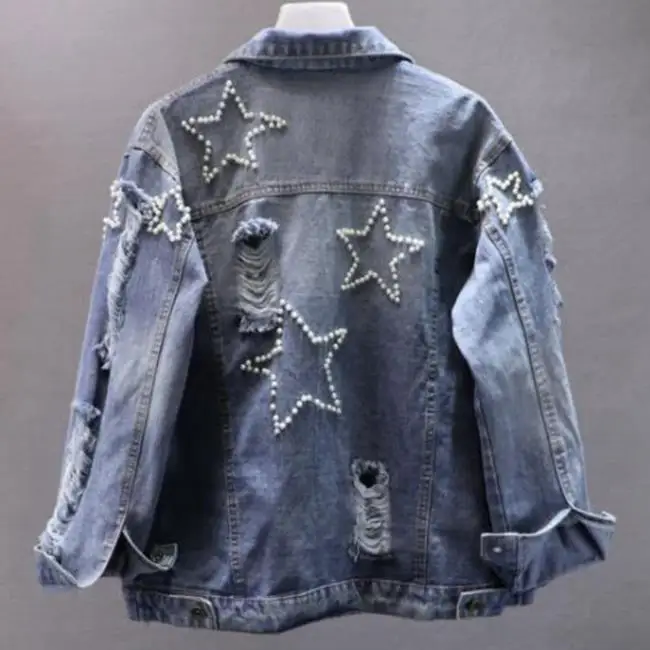 Beading Pearl Denim Jacket Women Pearl Jean Jackets Casual Fashion Ripped Hole Turn Down Collar Denim Coat
Beading Pearl Denim Jacket Women Pearl Jean Jackets Casual Fashion Ripped Hole Turn Down Collar Denim Coat