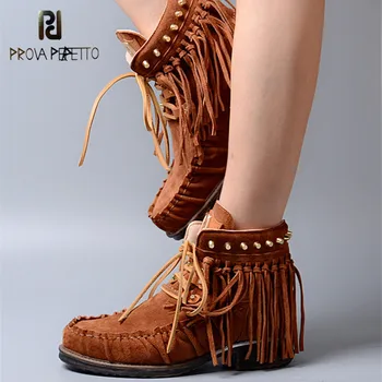 Prova Perfetto Euramerican Style Women Cow Suede Fringe Ankle Boots Rivet Suede Leather Fringe Lace Up Short Boots Light Brown
Prova Perfetto Euramerican Style Women Cow Suede Fringe Ankle Boots Rivet Suede Leather Fringe Lace Up Short Boots Light Brown
