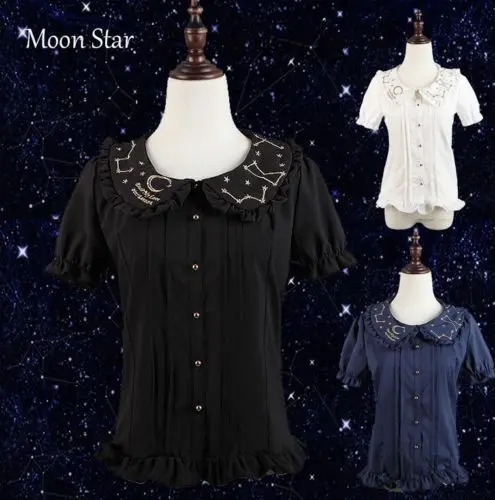 Cute Women's Lolita Blouse Moon Star Constellation Embroidery Shirt Peter Pan Collar Tops Short Sleeve Summer
Cute Women's Lolita Blouse Moon Star Constellation Embroidery Shirt Peter Pan Collar Tops Short Sleeve Summer