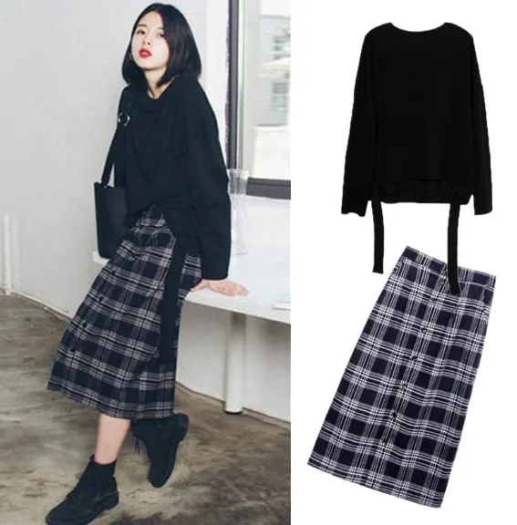 2018 Winter New Plus Size Women Vintage Black Hoody Pullover + Single-Breasted Plaid Print Midi Skirt Two piece set Femme M-4XL
2018 Winter New Plus Size Women Vintage Black Hoody Pullover + Single-Breasted Plaid Print Midi Skirt Two piece set Femme M-4XL