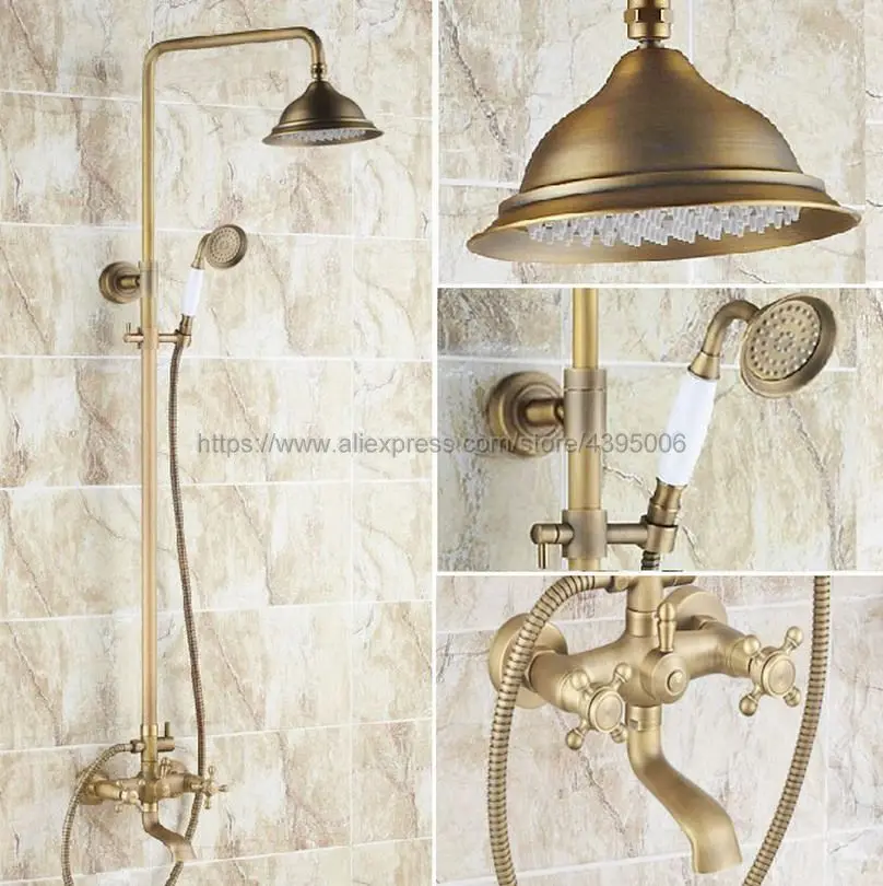 

Antique Brass Wall Mounted Rain Shower Faucet Set Tub Mixer Tap Dual Handles Hand Shower Brs124