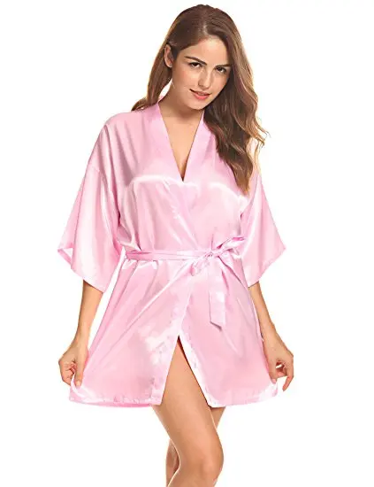 Women Silk Satin Short Night Robe Solid Kimono Robe Fashion Bath Robe Sexy Bathrobe Peignoir Femme Wedding Bride Bridesmaid Robe 117 HTB11mNIqS8YBeNkSnb4q6yevFXaj