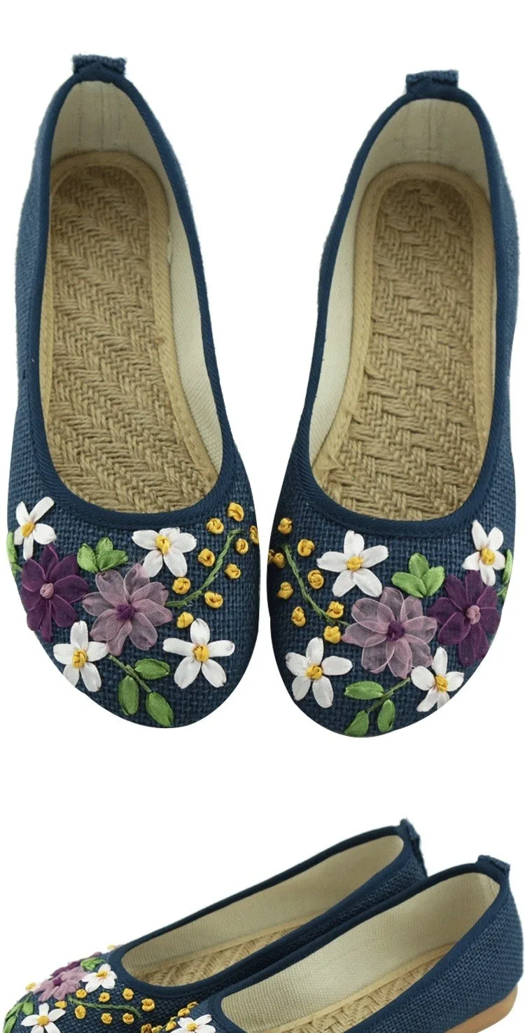 Vintage Embroidered Women Flats Flower Slip On Cotton Fabric Linen Comfortable Old Peking Ballerina Flat Shoes Sapato Feminino 9