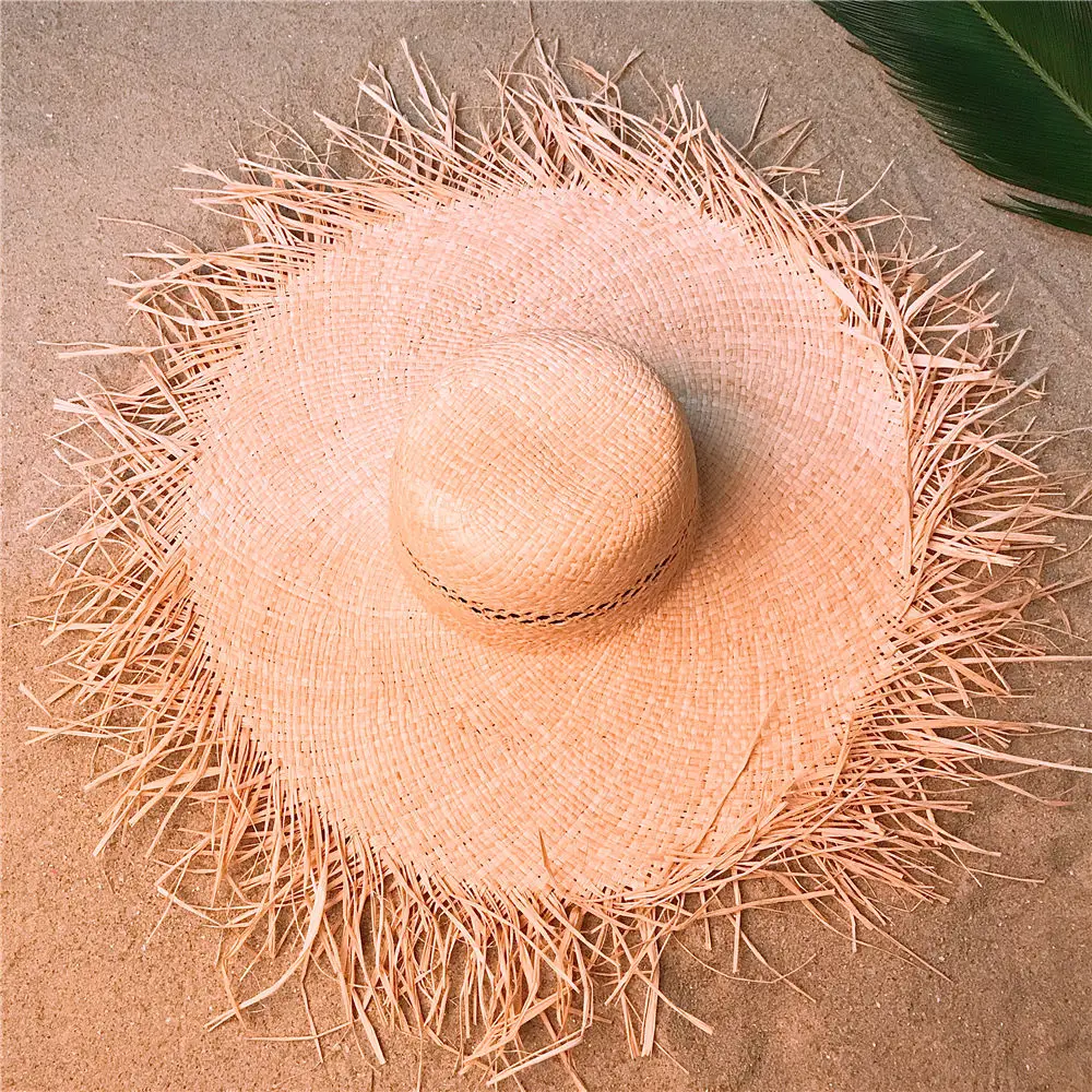 

Handmade Weave Raffia Straw Women Beach Sun Hat With Floppy Wide Brim Dome Lady Bucket Sunbonnet Size 57CM