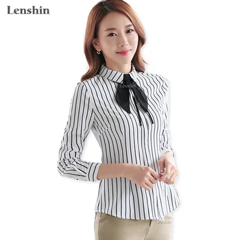 Lenshin Women Tie Blouses Office Lady Female Black And White Striped Shirt Formal Autumn Wear Casual Turn-down Collar Bow Tops 
Lenshin Women Tie Blouses Office Lady Female Black And White Striped Shirt Formal Autumn Wear Casual Turn-down Collar Bow Tops