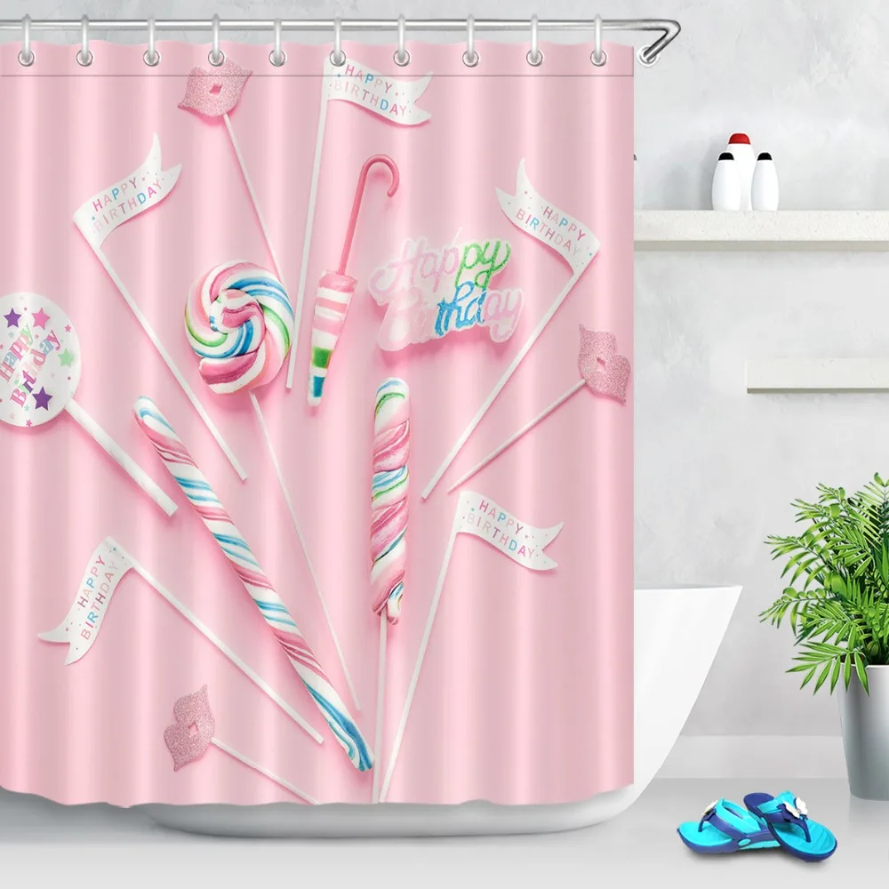 Candy Cane Cake Land Shower Curtain Bathroom Mat Waterproof Fabric & 12Hooks Set