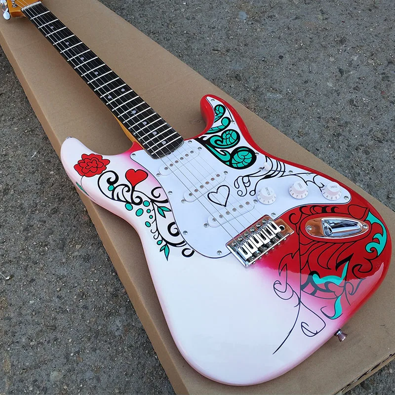 Factory custom red and white special flower pattern electric guitar, 3 pickups, mahogany fingerboard, provide custom
Factory custom red and white special flower pattern electric guitar, 3 pickups, mahogany fingerboard, provide custom
