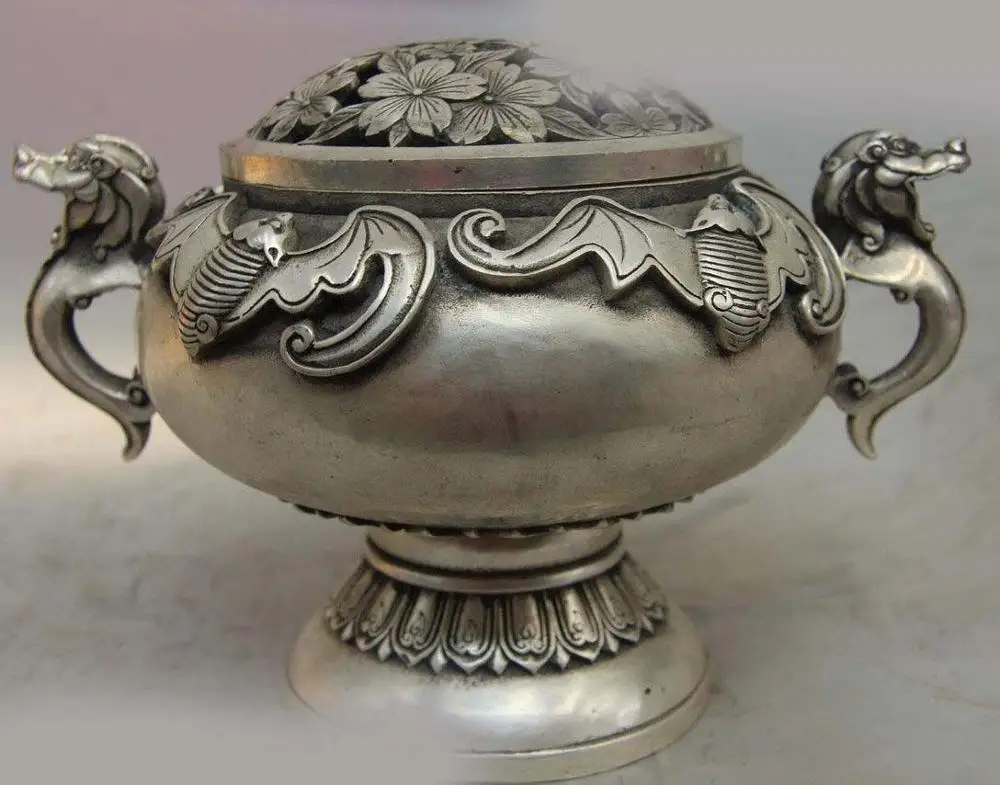 DS China Palace Tibet Silver Fu Bat chiropter Dragon Incense Burner Censer Statue