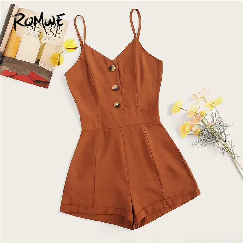 

ROMWE Brown Button Front Mid Waist Casual Solid Cami Playsuits Women Summer Spaghetti Strap Sleeveless Wide Leg Hem Rompers