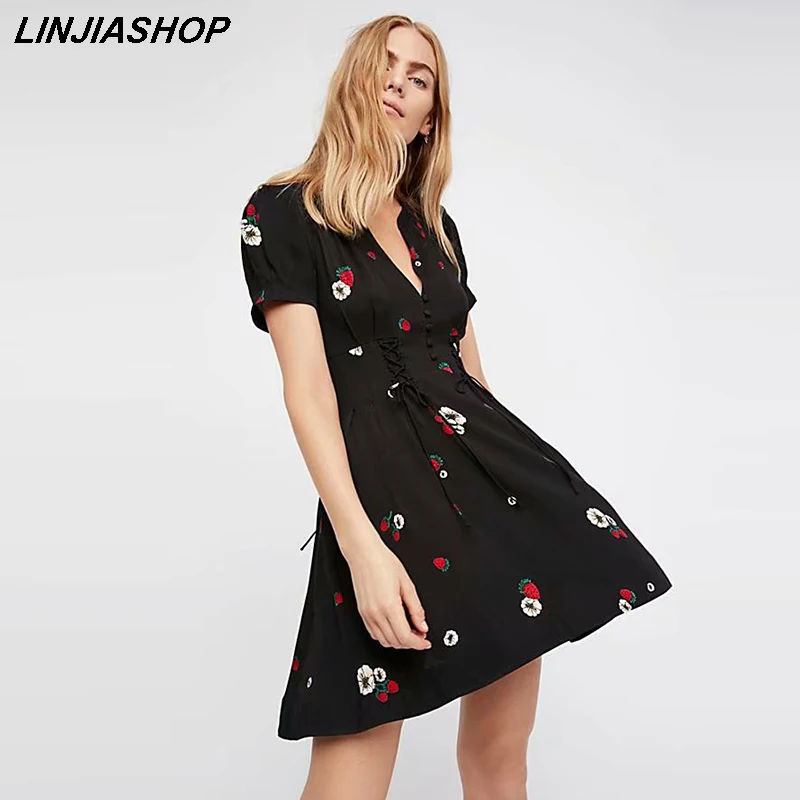 Elegant bloggers style strawberry summer black dress sashes high waist nipped waists wrinkle A line V neck women mini dress
Elegant bloggers style strawberry summer black dress sashes high waist nipped waists wrinkle A line V neck women mini dress