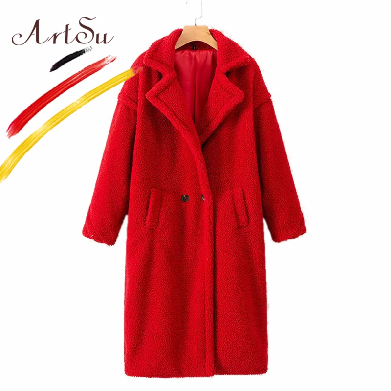 Женское меховое пальто ArtSu красное большого размера из овечьей шерсти белого и