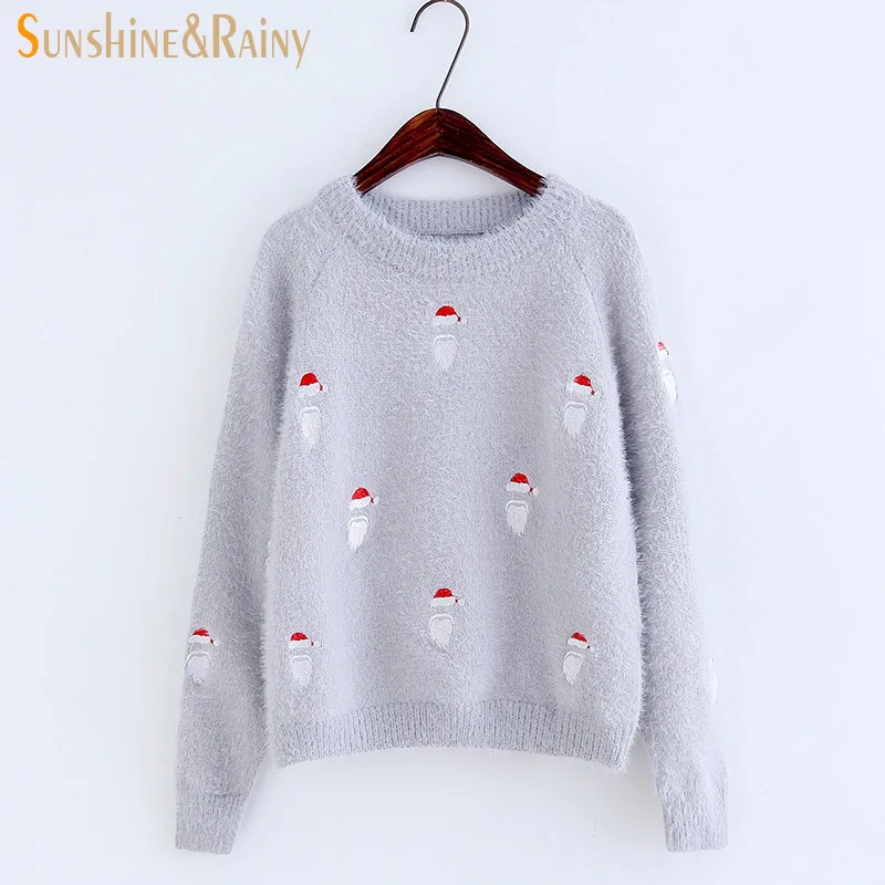 Autumn winter hollow out Santa Claus printed single color solid patch girls cashmere knitted mohair sweater women warm lace tops | Женская