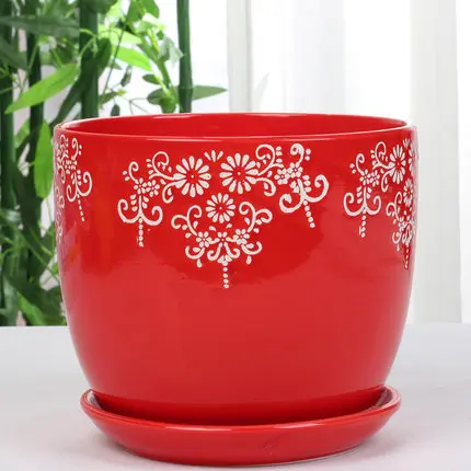 Большой красный керамический цветочный горшок в китайском стиле праздничный