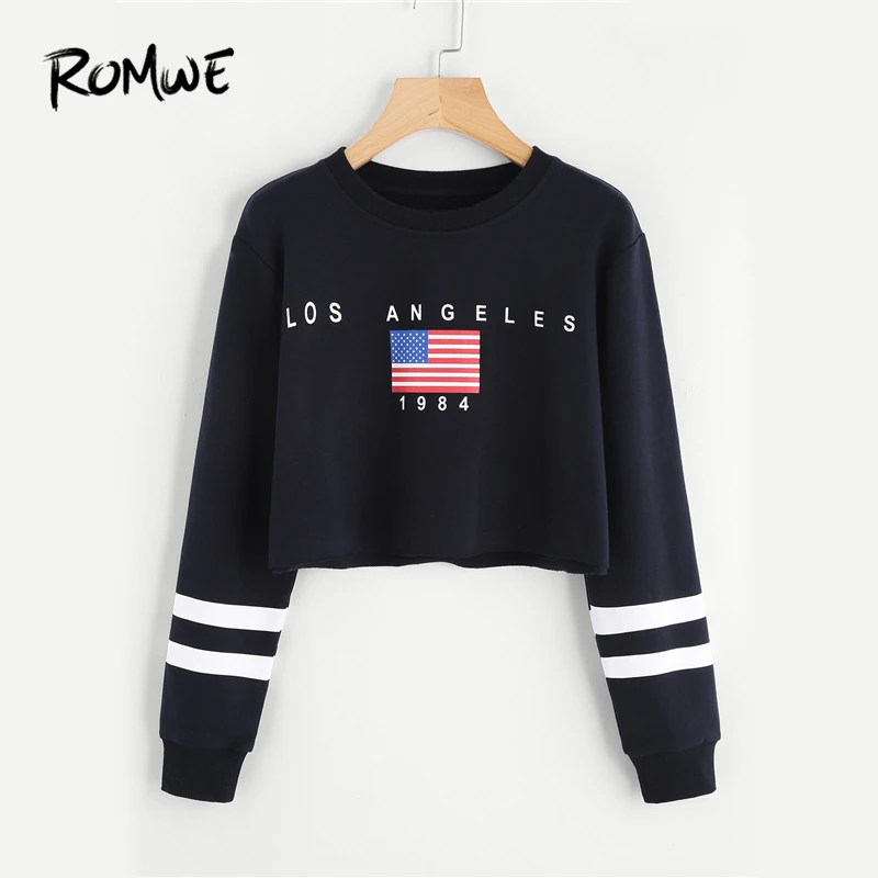 ROMWE Letter American Flag Print Varsity Striped Crop Black Sweatshirt Spring Fall Women O-Neck Long Sleeve Casual Sweatshirt
ROMWE Letter American Flag Print Varsity Striped Crop Black Sweatshirt Spring Fall Women O-Neck Long Sleeve Casual Sweatshirt