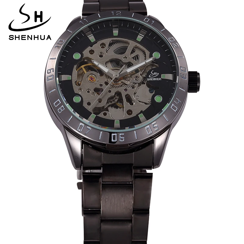 grey steel skeleton watch men