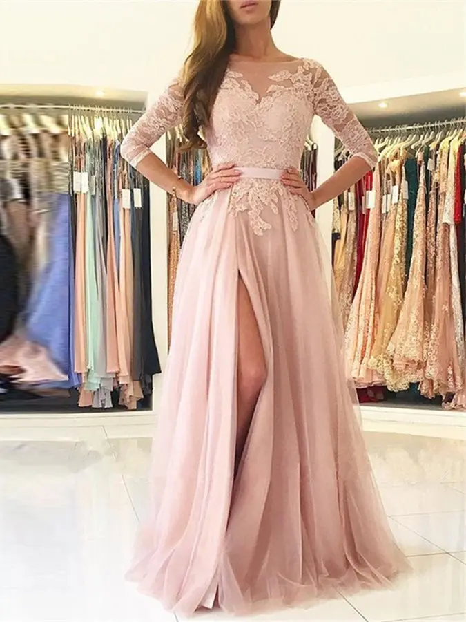 2019 New Robe De Soiree 3/4 Length Sleeves A-Line Bateau Appliques Split Evening Dresses Bride Banquet Elegant Prom Party Gowns
2019 New Robe De Soiree 3/4 Length Sleeves A-Line Bateau Appliques Split Evening Dresses Bride Banquet Elegant Prom Party Gowns
