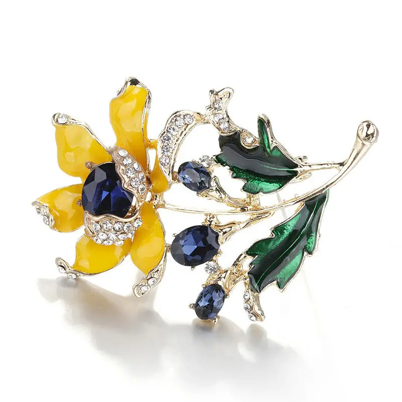 Valentine's Day Gift green enamel leaf Rose Collor Brooch yellow Flower Pin | Украшения и аксессуары