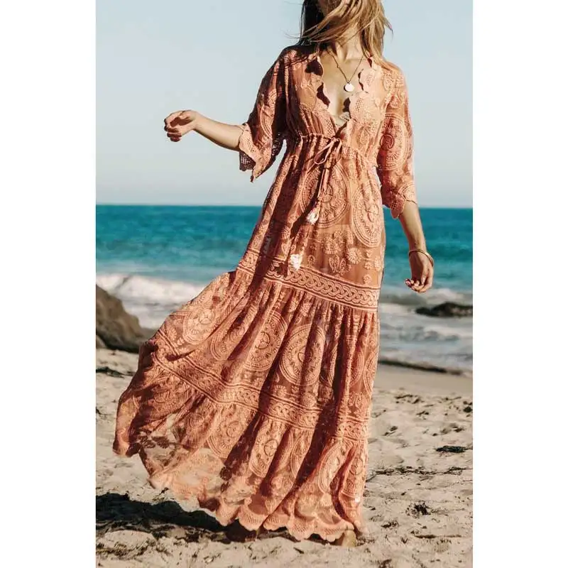 

BOHO INSPIRED ORCHID MAXI DRESS lace chic V-neck drawstring waist kimono sleeve summer dress tunic women's chic beach dress