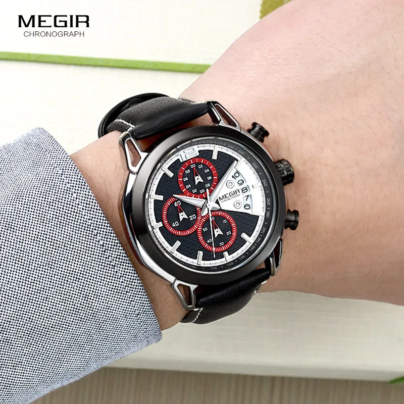 

MEGIR Men's Chronograph Quartz Watches Leather Strap Waterproof Sports Analogue Wrist Watch for Man Luminous Hands 2071GS-BK-1