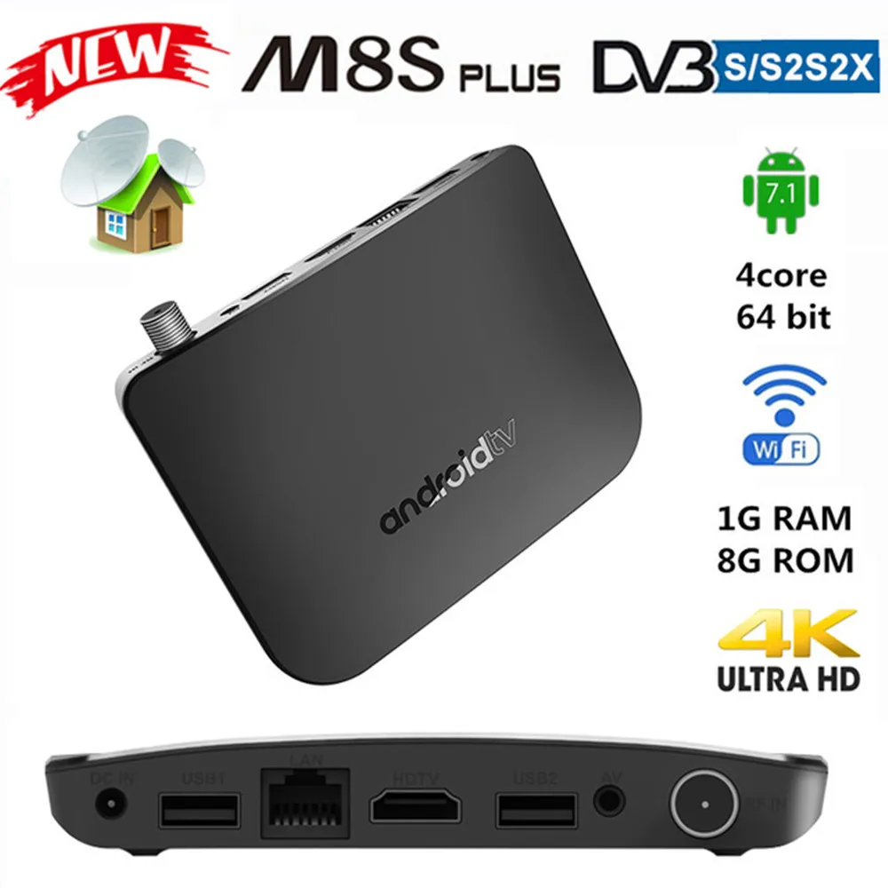 

MECOOL M8S Plus DVB-S-S2 Android 7.1 TV Box 1GB RAM 8 ROM Amlogic S905D Octa Core 100M 4K H.265 2.4G WiFi Set Top IPTV Box