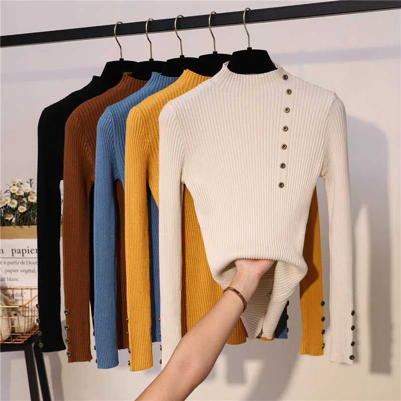 Soft Stretchy Buttons Turtleneck Sweater Pullover Girls Full Sleeve Slim Casual Knitted Sweaters Shirts Tops For Woman
Soft Stretchy Buttons Turtleneck Sweater Pullover Girls Full Sleeve Slim Casual Knitted Sweaters Shirts Tops For Woman