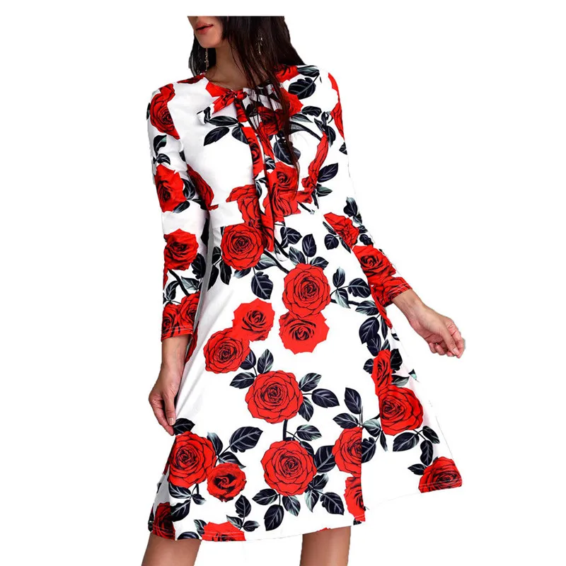 Women Floral Printed Tie Neck Long Sleeve Dresses Autumn Ladies Party Evening Knee-length Casual Dress Holiday Fashion Dress Hot
Women Floral Printed Tie Neck Long Sleeve Dresses Autumn Ladies Party Evening Knee-length Casual Dress Holiday Fashion Dress Hot
