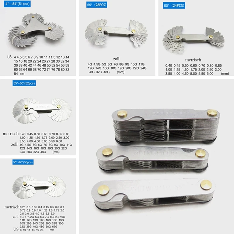 Hot 24/28/51/52/58pcs Blade Screw Thread Tooth Pitch Cutting Steel Gauge Measuring Tool 55 60 Degree Inch Metric Gauge
Hot 24/28/51/52/58pcs Blade Screw Thread Tooth Pitch Cutting Steel Gauge Measuring Tool 55 60 Degree Inch Metric Gauge