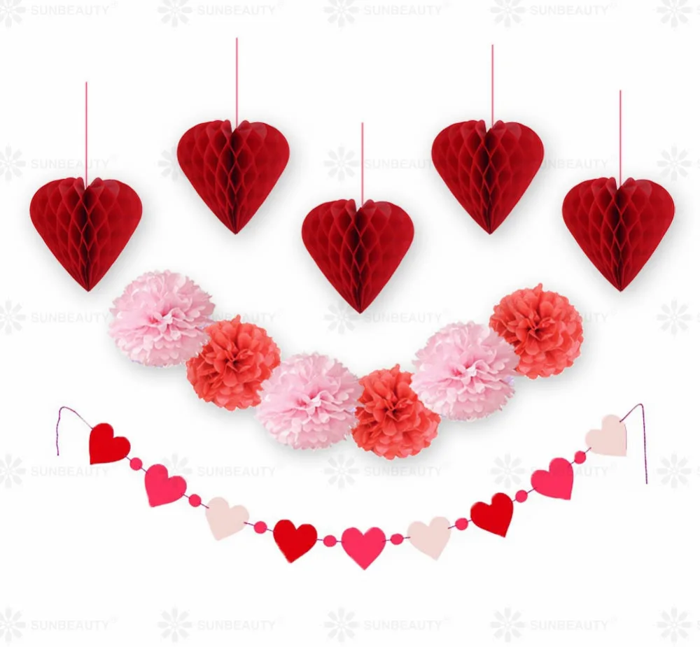 

12pc/set (Coral Red Pink) Heart Hanging Paper Decoration Kit Wedding Love Banner Pom Poms Happy Valentine's Day Decorations