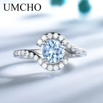 

UMCHO Real 925 Sterling Silver Rings For Women Classic Round Created Sky Blue Topaz Gemstone Wedding Valentine's Gift jewelry