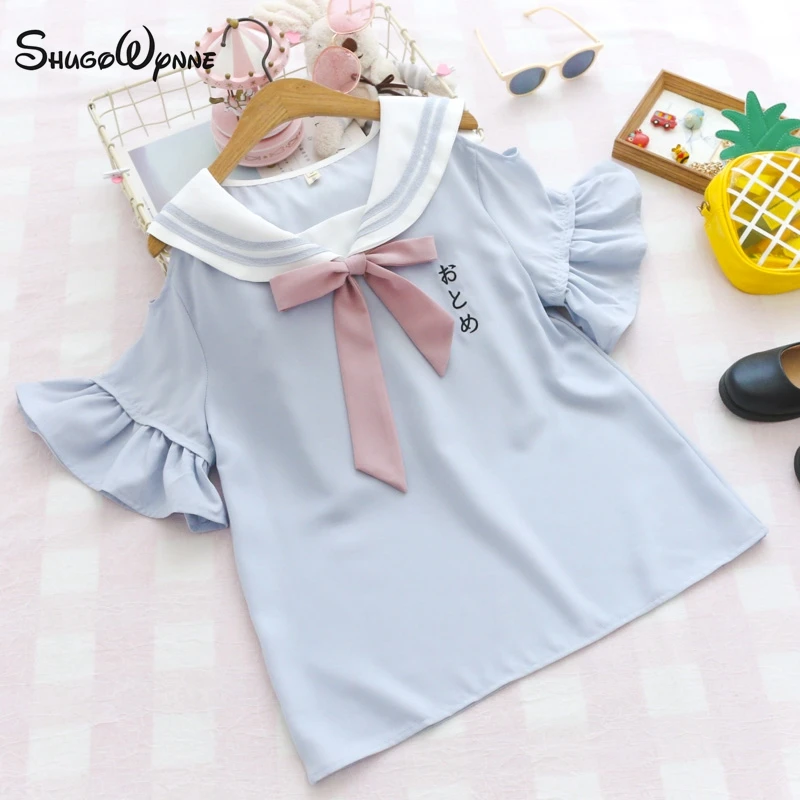 Japanese Mori Girl Sweet Bow Sailor Collar Cute Ruffles Off-Shoulder Short Sleeve Chiffon Shirt 2019 Summer Women Blouse Tops
Japanese Mori Girl Sweet Bow Sailor Collar Cute Ruffles Off-Shoulder Short Sleeve Chiffon Shirt 2019 Summer Women Blouse Tops