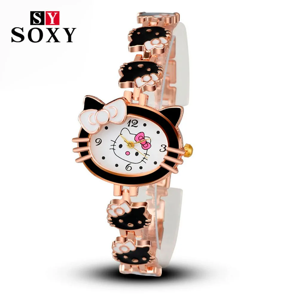Merek Mewah Hello Kitty Wanita Cuff Gelang Watch Emas Weave Band