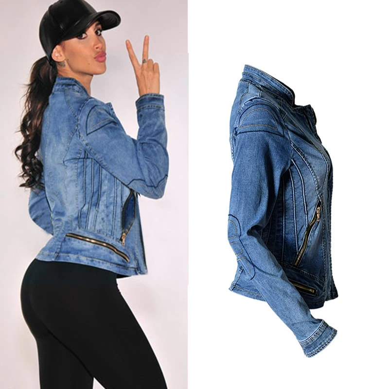 2017 New Hot Sale Popular Women Baseball Jackets Stretch Denim Jacket Multi-zipper Short Motor Style Chaqueta Female Denim Coats (4)