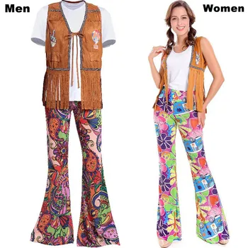 

Men Women 60s 70s Hippie Disco Costume Clothes Ladies Hippy Fringe Tops Bell Pants Party Flare Dress Outfit For Adult Couples