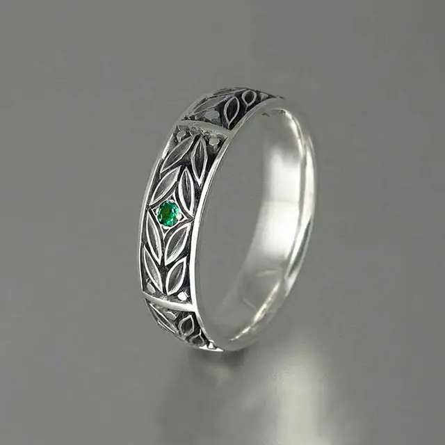 Huitan – bague cadeau d'anniversaire rétro pour femmes avec des feuilles Vintage gravées avec une petite bague en Zircon cubique vert 1