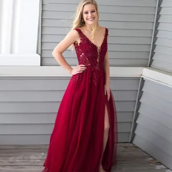 Dark Red Elegant Evening Dresses Long Beading Sequins A Line Side Split Lace Appliques Sheer Tulle Formal Evening Party Gowns
Dark Red Elegant Evening Dresses Long Beading Sequins A Line Side Split Lace Appliques Sheer Tulle Formal Evening Party Gowns