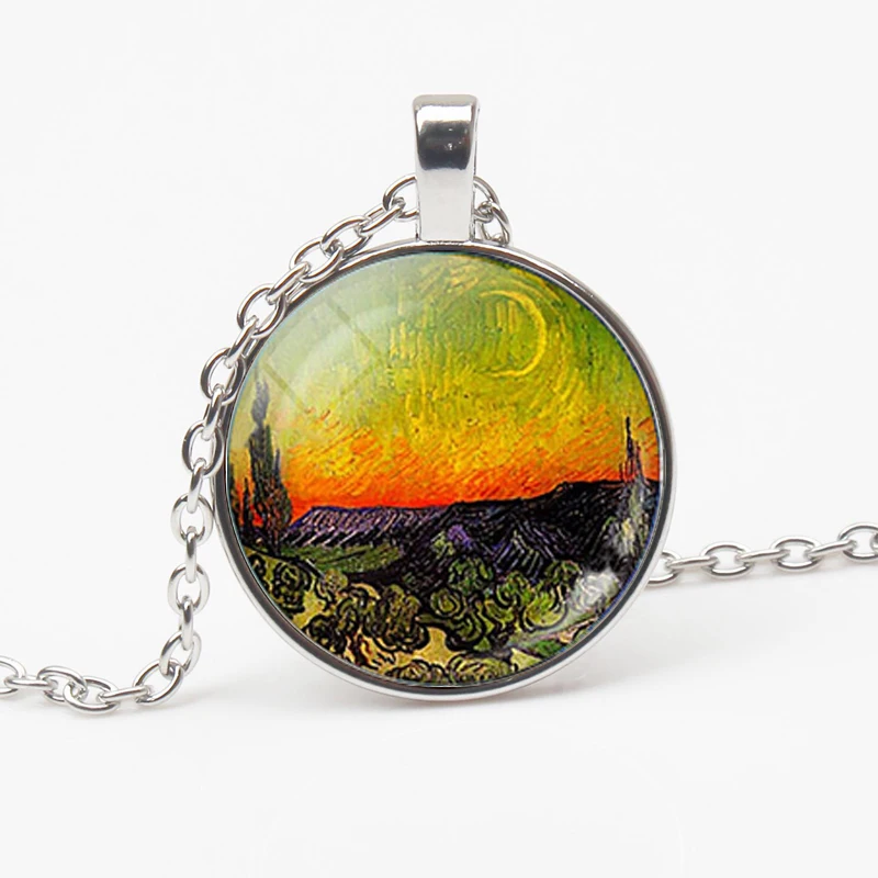Vintage Van Gogh Oil Painting Pendant Necklace Moon Night Street Landscape Pattern Sunflower Men Women Handmade Trinket |