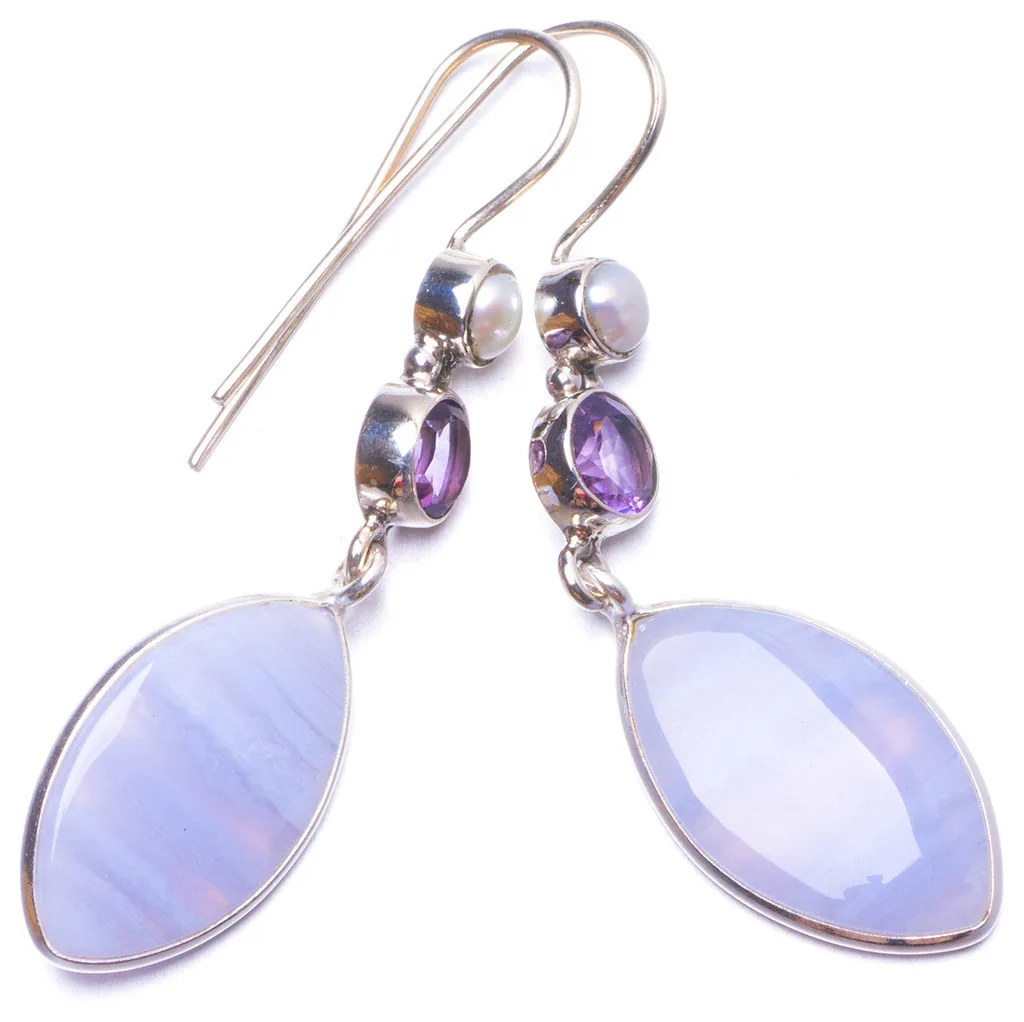 Natural Blue Lace Agate,River Pearl and Amethyst Handmade Unique 925 Sterling Silver Earrings 2" Y0942
Natural Blue Lace Agate,River Pearl and Amethyst Handmade Unique 925 Sterling Silver Earrings 2" Y0942