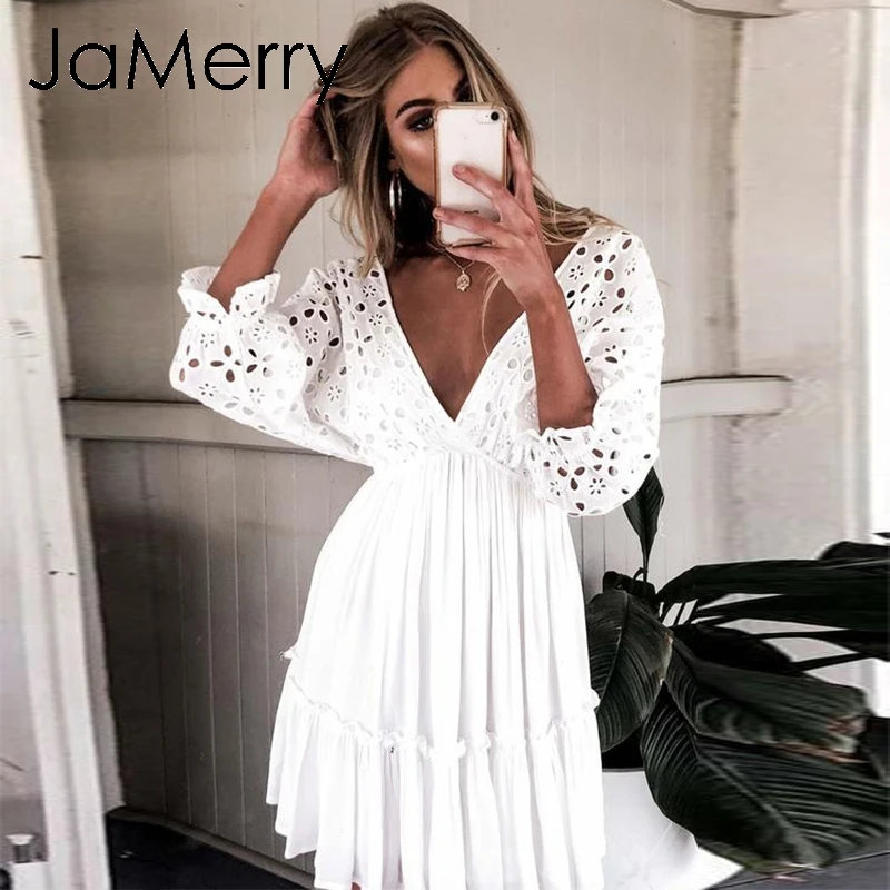 JaMerry Vintage white embroidery women mini dress Ruffle summer holiday beach short dresses Casual sexy hollow out dresses festa
JaMerry Vintage white embroidery women mini dress Ruffle summer holiday beach short dresses Casual sexy hollow out dresses festa