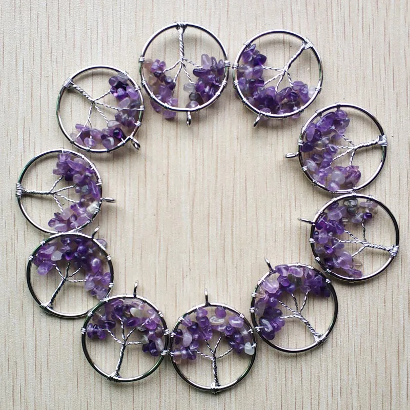 

Wholesale 12pcs/lot fashion natural purple crystal Tree of life handmade wire wrapped Pendants 30mm for jewelry marking free