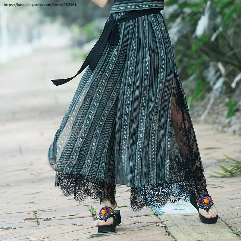 Retro Stripe Lace Spliced Loose Wide Leg Pants Women Side Slit Skirt Trousers Summer Slacks plus size women clothing
Retro Stripe Lace Spliced Loose Wide Leg Pants Women Side Slit Skirt Trousers Summer Slacks plus size women clothing