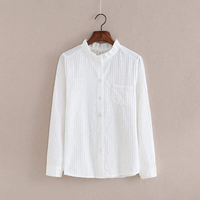 Рубашка из 100% хлопка Высококачественная женская блузка осенняя однотонная белая