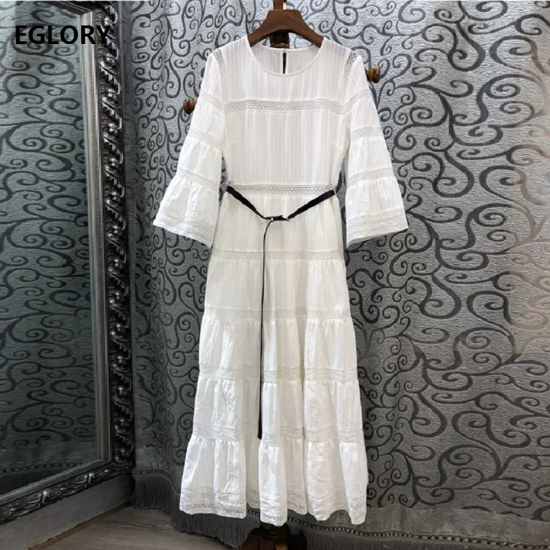 Top Quality New Cotton Dress 2019 Autumn Style Women O-Neck Hollow Out Lace Patchwork Flare Sleeve Mid-Calf White Dress Belts
Top Quality New Cotton Dress 2019 Autumn Style Women O-Neck Hollow Out Lace Patchwork Flare Sleeve Mid-Calf White Dress Belts