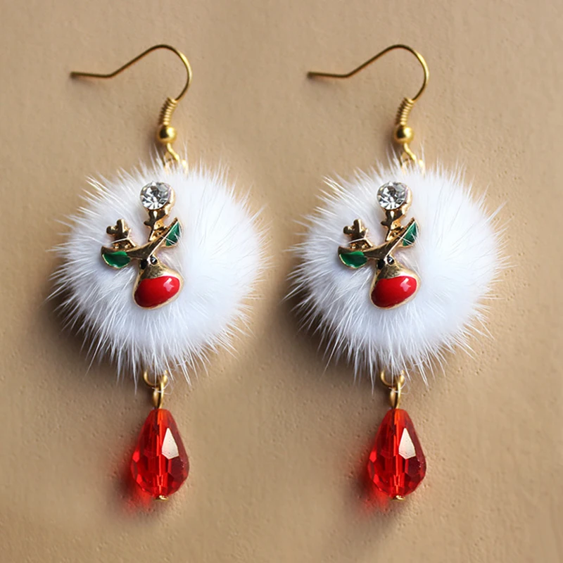 

Fashion Jewelry Santa Claus Plum Blossom Fawn Drop Earrings for women White Pompon Red Crystal Christmas Earrings Female Brincos