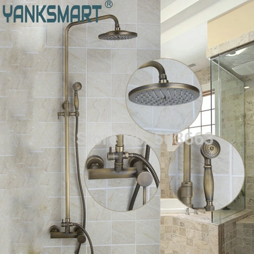 YANKSMART Antique Brass Bathroom 8 inch Rainfall Shower Head Faucet Set Bathtub Sink Faucets Mixers & Taps | Обустройство дома
